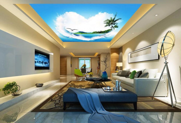 plafond met afbeelding van het strand in de woonkamer