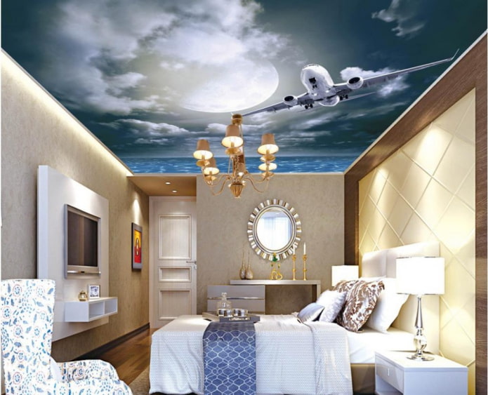plafond met een foto van de lucht en een vliegtuig in de slaapkamer