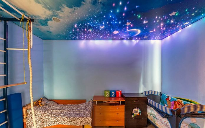 plafond met de afbeelding van de sterrenhemel in de kinderkamer