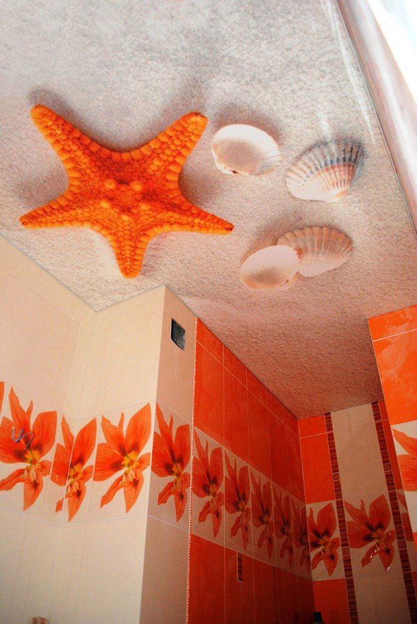 plafond met een foto van het strand in de badkamer