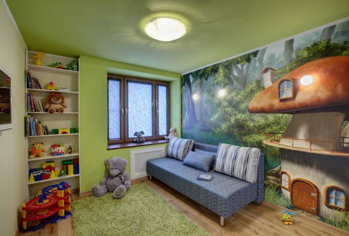 žalios vieno lygio įtempiamos lubos vaikų kambaryje