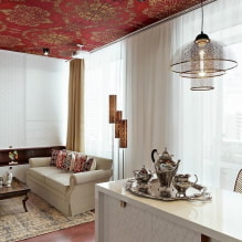 Tapetai ant lubų: tipai, dizaino idėjos ir brėžiniai, spalva, kaip klijuoti lubų tapetus-7