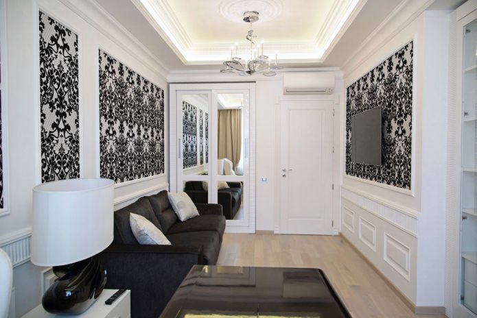 gecombineerd zwart-wit behang in de woonkamer