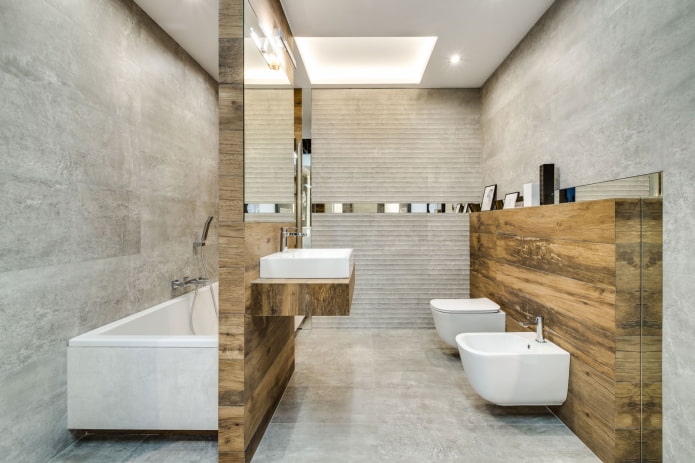 de combinatie van houtachtige tegels met beton in het badkamerinterieur