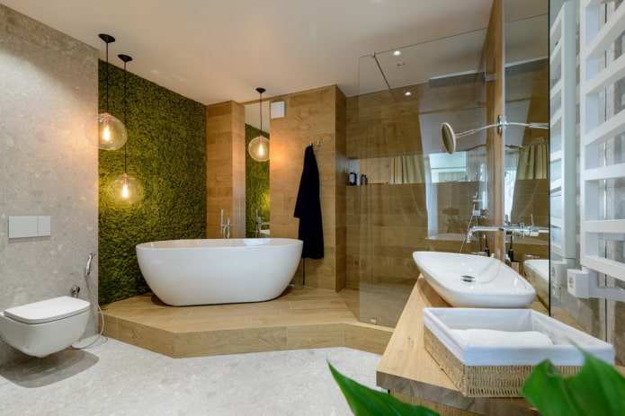 medžio efekto plytelės vonios kambaryje ekologiško stiliaus