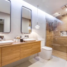Medinės plytelės vonios kambaryje: dizainas, tipai, deriniai, spalvos, apdailos parinktys ir išdėstymai-5