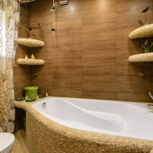 Medines plyteles vonios kambaryje: dizainas, tipai, deriniai, spalvos, apmušalai ir išdėstymo variantai-1