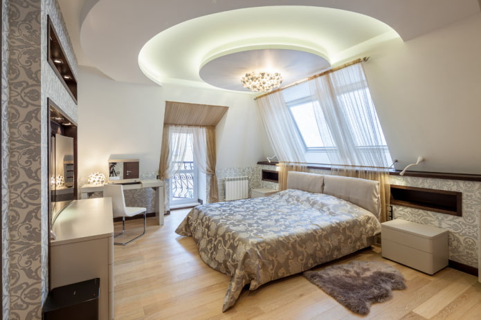 寝室の石膏ボードの天井：写真、デザイン、形や構造の種類