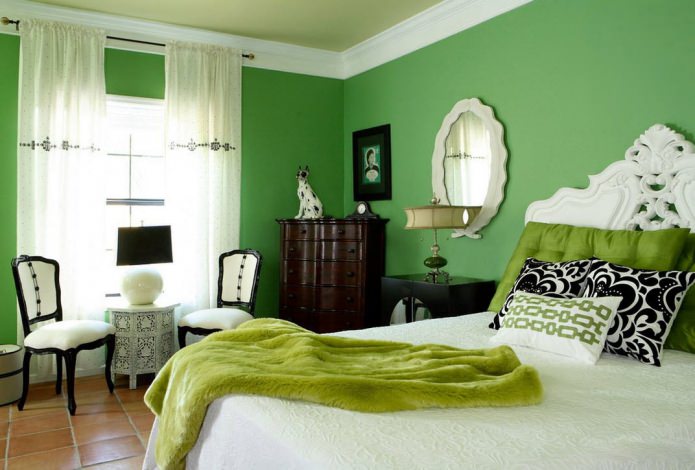 groene slaapkamer in toon met textiel