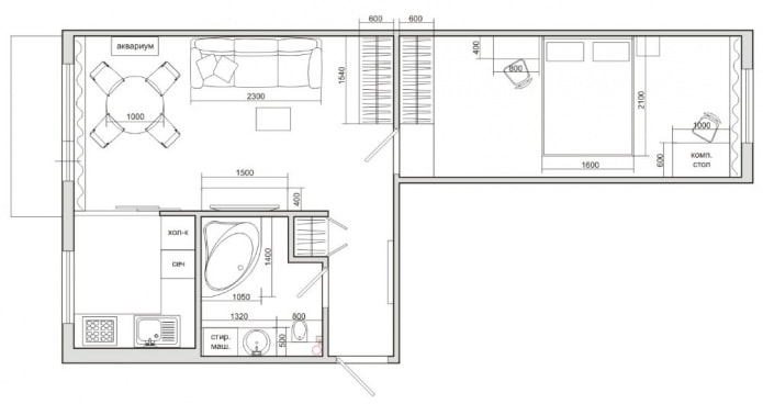 layout in un Krusciov bilocale di 44 mq. m.