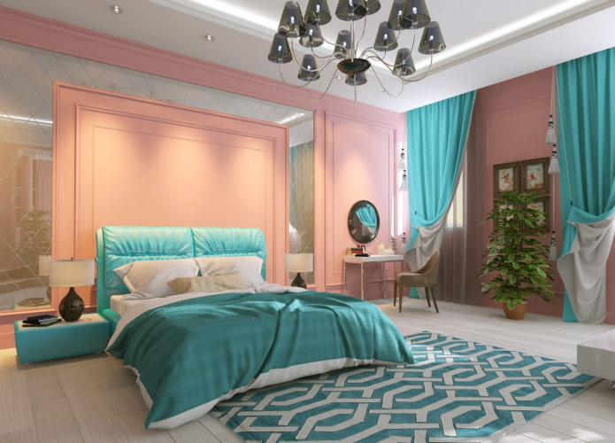 slaapkamerinterieur in roze en turquoise kleuren