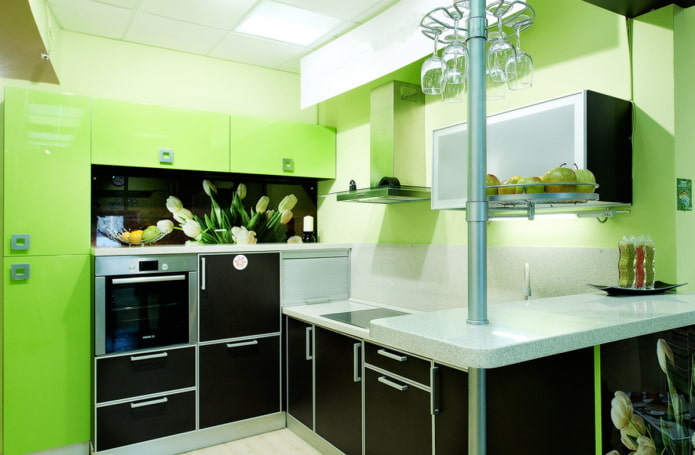 virtuvės interjeras juodos ir šviesiai žalios spalvos