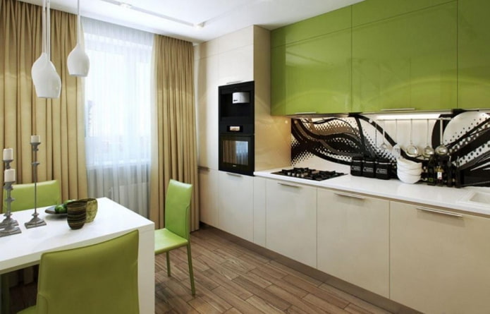 virtuvės interjeras smėlio ir šviesiai žalios spalvos