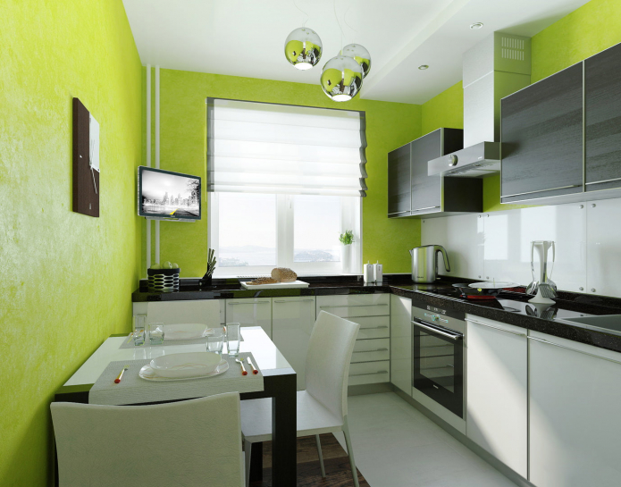 šviesiai žalios virtuvės interjeras modernaus stiliaus