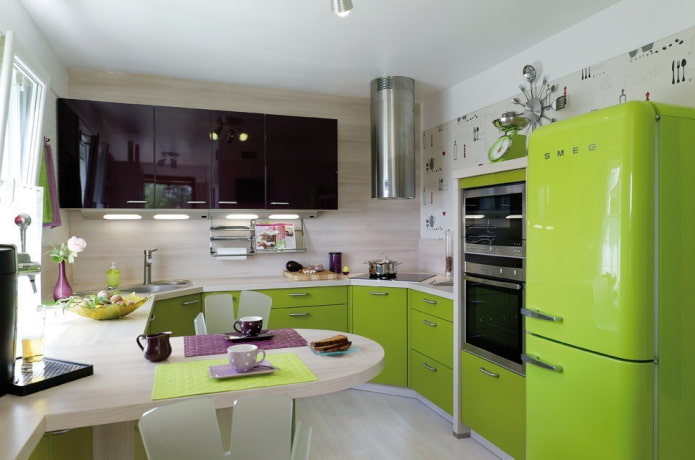 baldai ir prietaisai virtuvės interjere šviesiai žaliais tonais