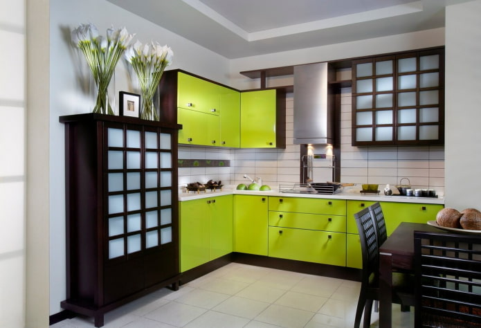 meubels en apparaten in het interieur van de keuken in lichtgroene tinten