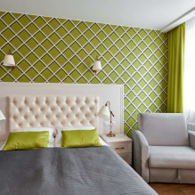 Šviesiai žali tapetai interjere: tipai, dizaino idėjos, derinys su kitomis spalvomis, užuolaidos, baldai-7