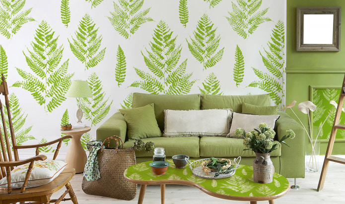 Šviesiai žali tapetai interjere: tipai, dizaino idėjos, derinys su kitomis spalvomis, užuolaidos, baldai