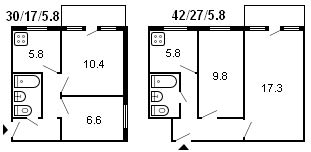 2部屋のフルシチョフの建物のレイアウト、シリーズ464