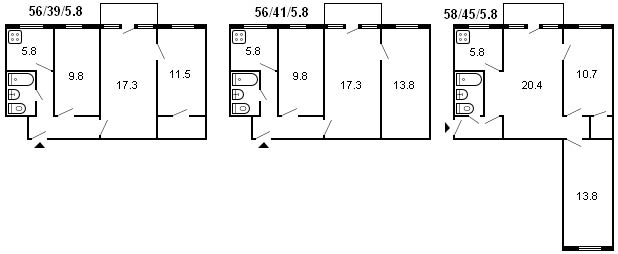 3部屋のフルシチョフの建物のレイアウト、シリーズ464