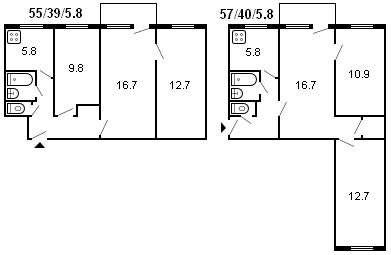 3部屋のフルシチョフの建物のレイアウト、シリーズ434、1961