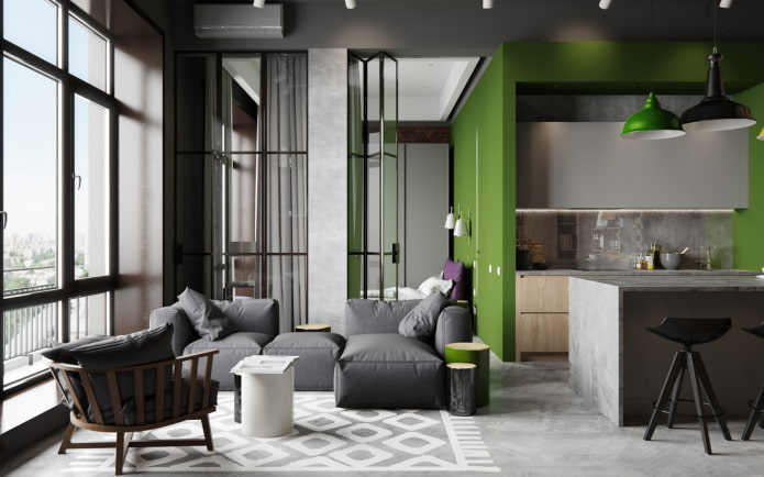 interior design nei toni del grigio-verde