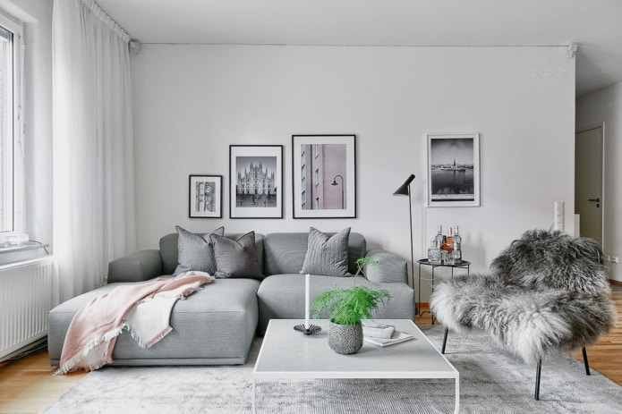 インテリアの灰色のソファ：タイプ、写真、デザイン、壁紙との組み合わせ、カーテン、装飾