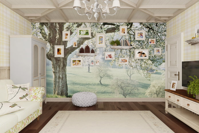 Nuotraukų tapetai gyvenamajame kambaryje Provanso stiliumi