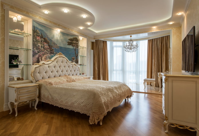 ロッジアと組み合わせた寝室の装飾と照明
