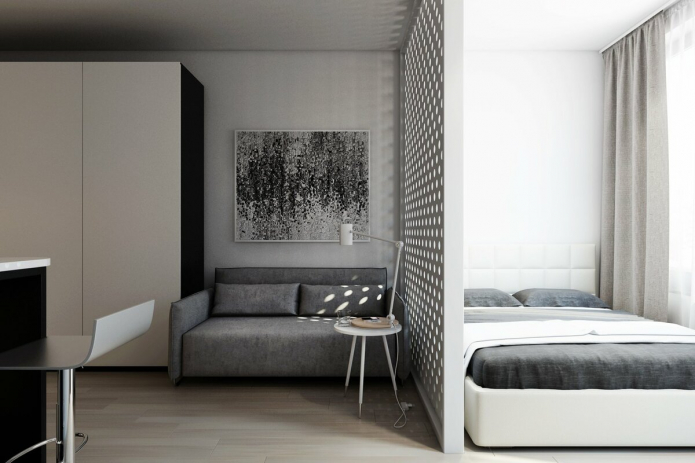 a hálószoba-nappali belseje a minimalizmus stílusában