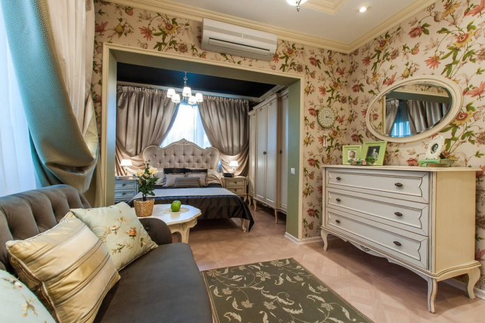 a hálószoba-nappali belseje Provence stílusában