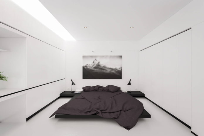 interijer bijele spavaće sobe u stilu minimalizma