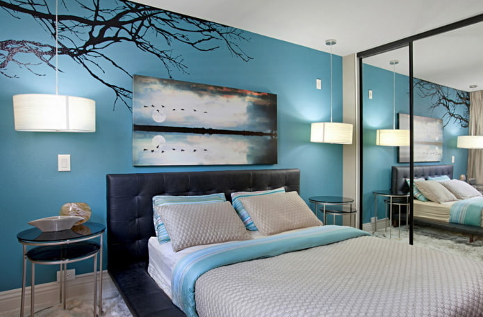 modern stílusú kék hálószoba belseje