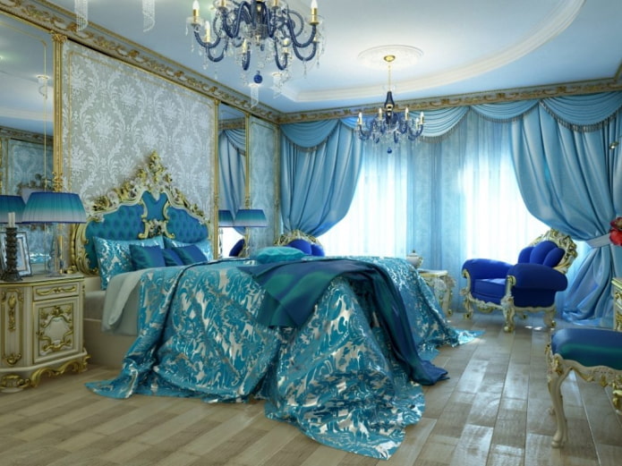 hálószoba belseje arany és kék árnyalatokkal