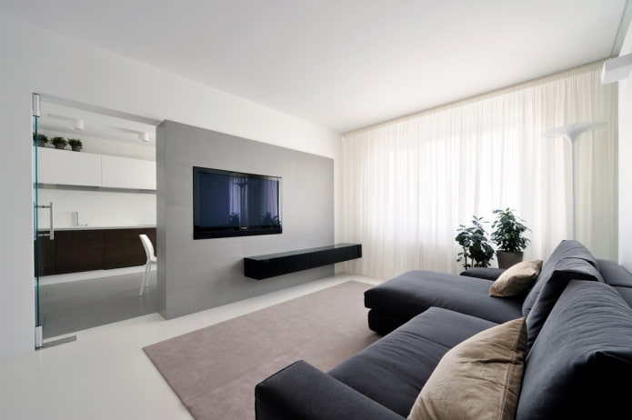 Televizorius salės interjere minimalizmo stiliumi