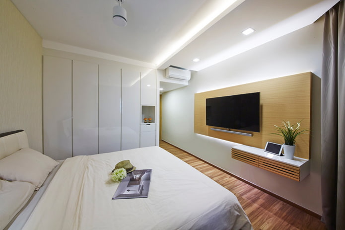 寝室のテレビ：場所のオプション、デザイン、さまざまなインテリアスタイルの写真