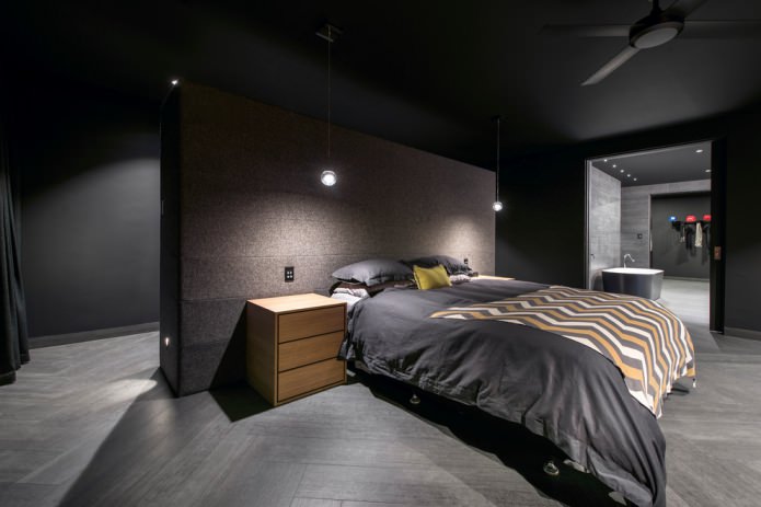slaapkamer met donkere vloer en muren