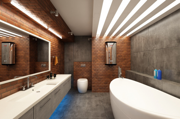 világítás a fürdőszoba belsejében loft stílusban