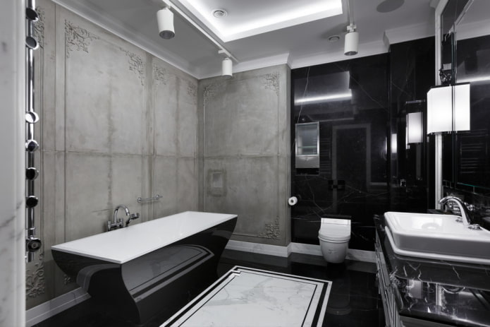 vonios kambario interjeras juodas ir pilkas