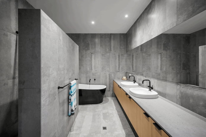 pilkas vonios kambario interjeras minimalizmo stiliumi