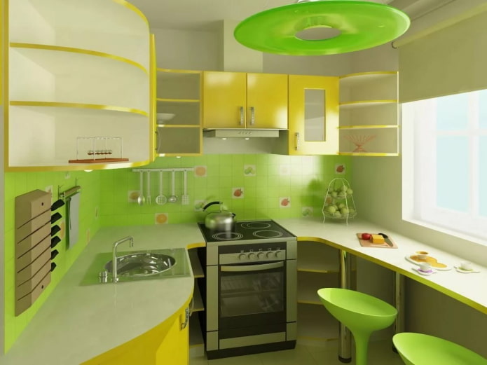 פנים המטבח בגוונים צהובים-ירוקים