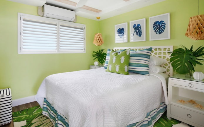 פנים חדר שינה בגוונים ירוקים בהירים
