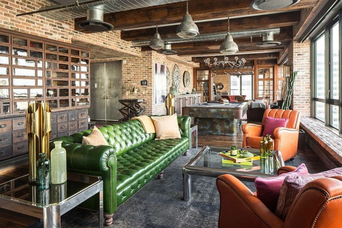 zöld kanapé loft stílusban