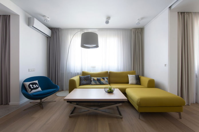 geltona sofa modernaus stiliaus