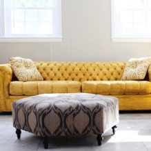 Geltona sofa interjere: tipai, formos, apmušalų medžiagos, dizainas, atspalviai, deriniai-4