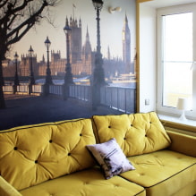 Geltona sofa interjere: tipai, formos, apmušalų medžiagos, dizainas, atspalviai, deriniai-3