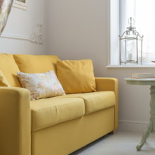 Geltona sofa interjere: tipai, formos, apmušalų medžiagos, dizainas, atspalviai, deriniai-2